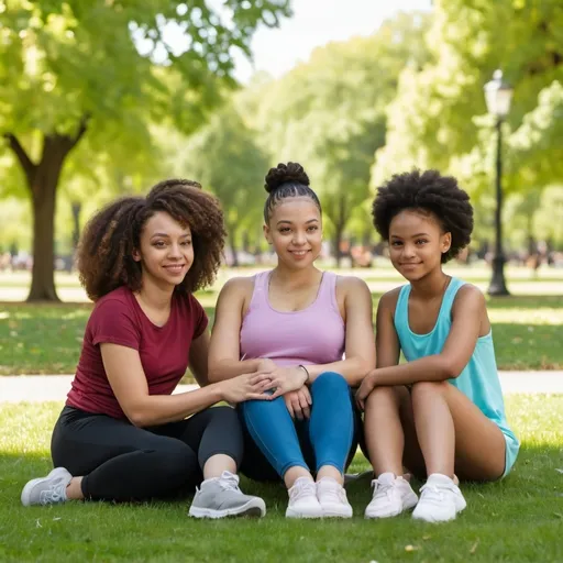 Prompt: A light skinned black female, age 20 is sitting in the park. She is with her parents and younger sister.