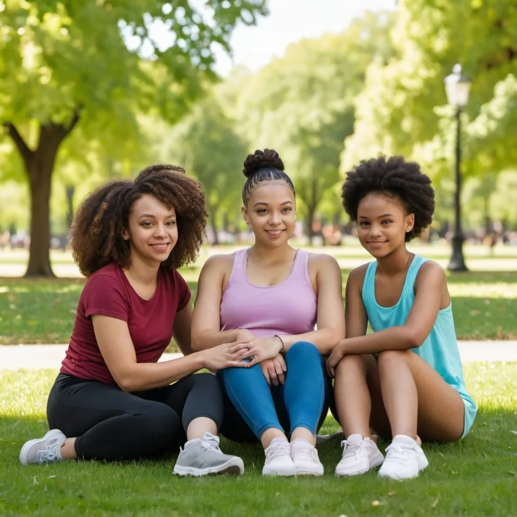 Prompt: A light skinned black female, age 20 is sitting in the park. She is with her parents and younger sister.