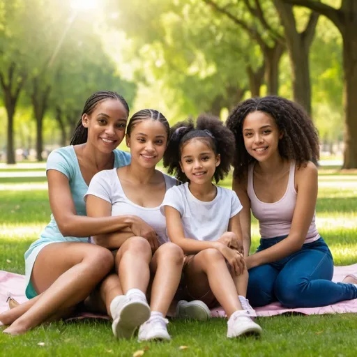 Prompt: A light skinned black female, age 20 is sitting in the park. She is with her mom, dad and younger sister.
