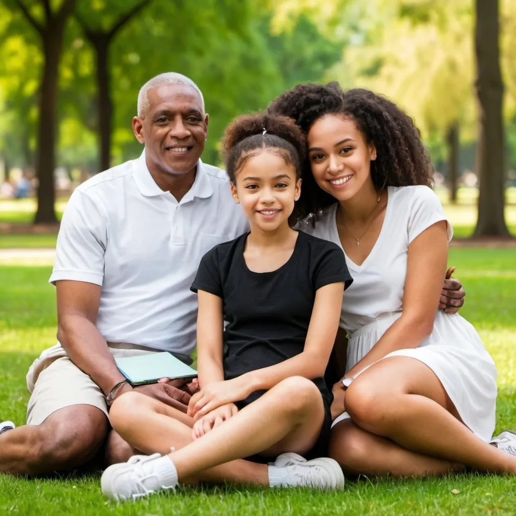 Prompt: A light skinned black female, age 20 is sitting in the park. She is with her mom, dad and younger sister.