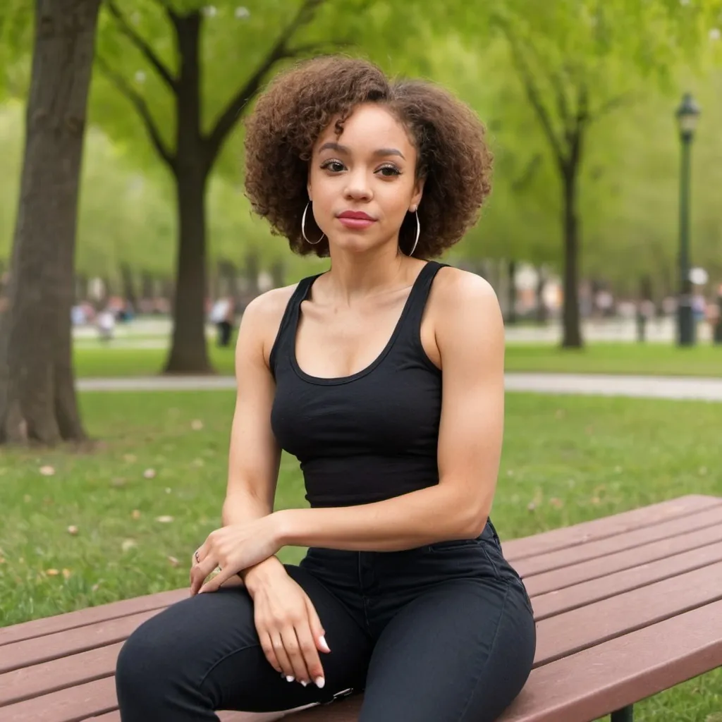 Prompt: A light skinned black female is sitting in the park.