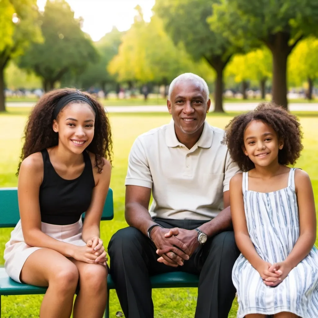 Prompt: A light skinned black female, age 20 is sitting in the park. She is with her mom, dad and younger sister.