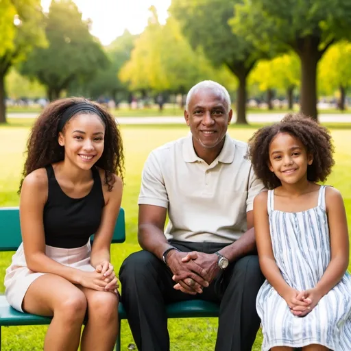 Prompt: A light skinned black female, age 20 is sitting in the park. She is with her mom, dad and younger sister.