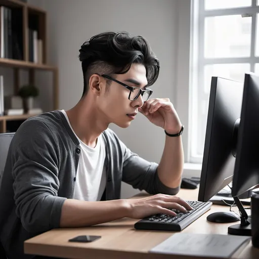 Prompt: <mymodel > is working at his computer desk.