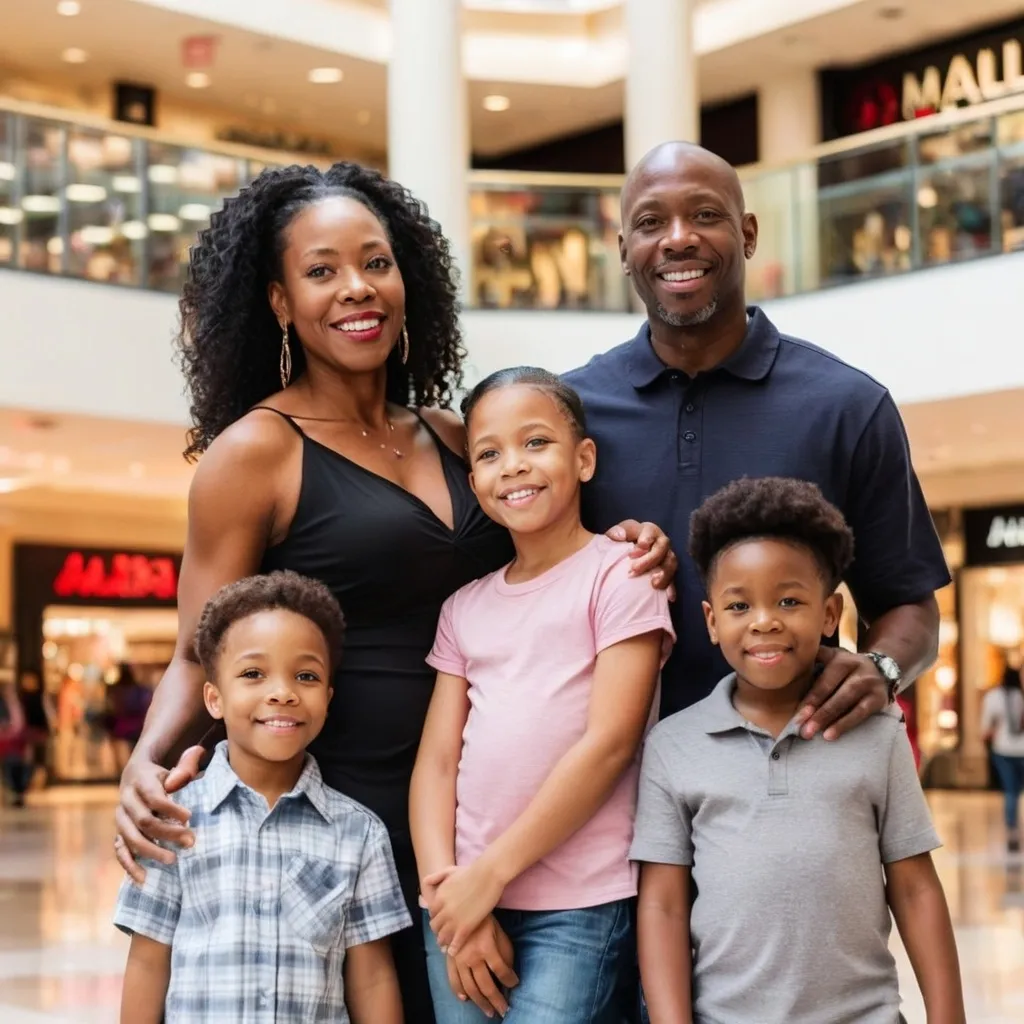 Prompt: A black couple, age 40 is at the mall with their 5 kids.