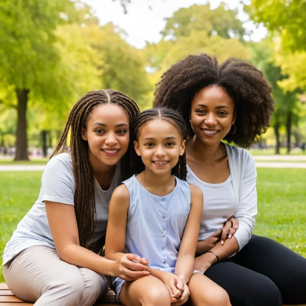 Prompt: A light skinned black female, age 20 is sitting in the park. She is with her mom, dad and younger sister.