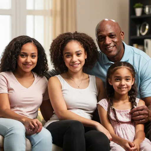Prompt: A light skinned black female, age 20 is sitting at home. She is with her mom, dad and younger sister.