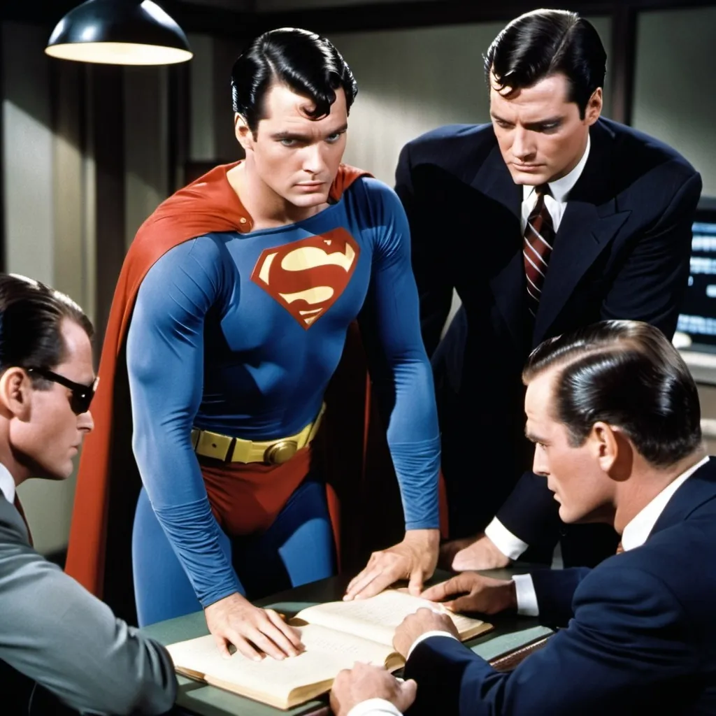 Prompt: Superman is working on the case with Batman and Robin.