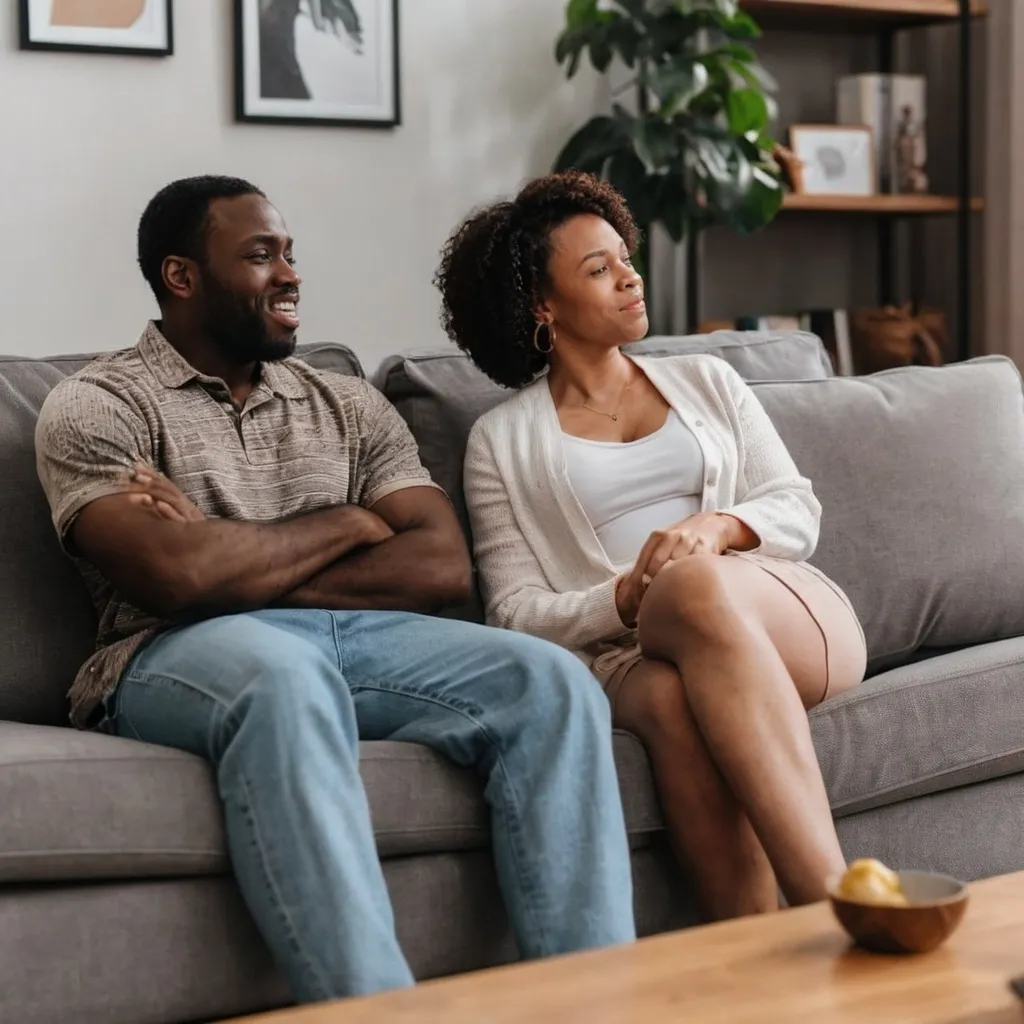 Prompt: A black man is sitting on the couch with his wife.