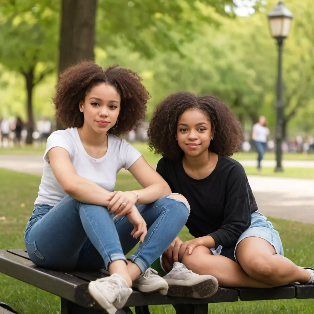 Prompt: A light skinned black female, age 20 is sitting in the park. She is with her younger sister.