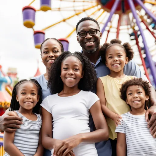 Prompt: A black couple, age 40 is at the amusement park with their 5 kids.