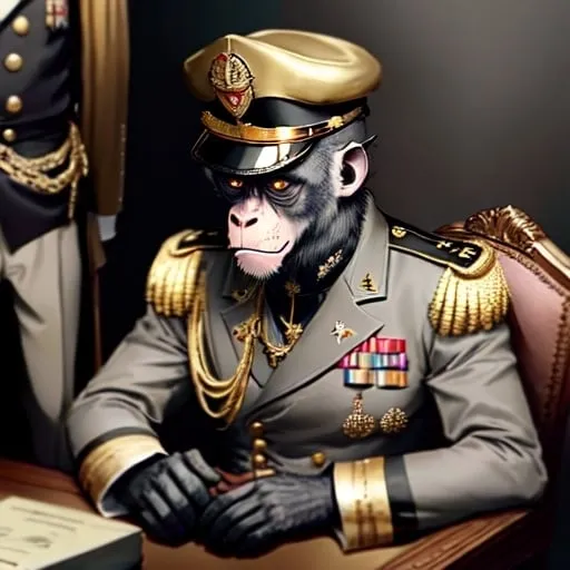 Prompt: A dark grey monkey wearing a Gold colored army general clothing with the cap siting down on a chair behind a table full of Gold coins