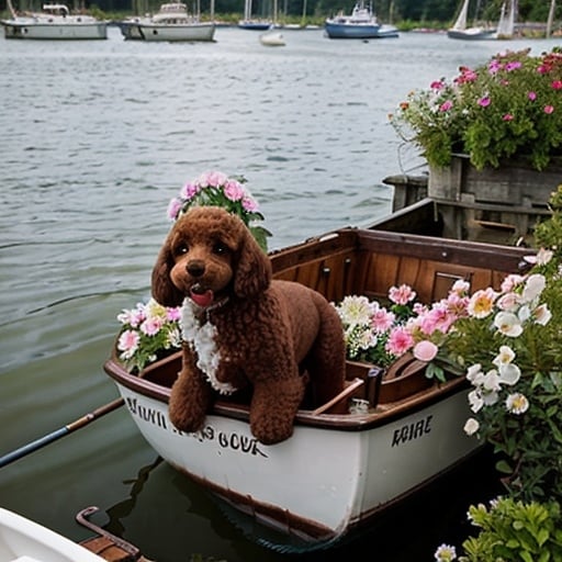 Prompt: brown poodle dog ,in the boat ,the boat have many flowers 