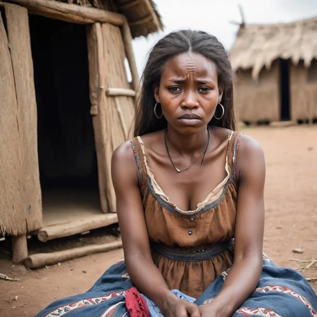 Prompt: A native African woman 30 yo sitting on ground in front of a hut looking sad longish hair, with western peasant dress, torn and dirty with some cleavage and eye contact, one tear