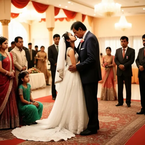 Prompt: the wedding hall the father is crying at the daughter is also crime