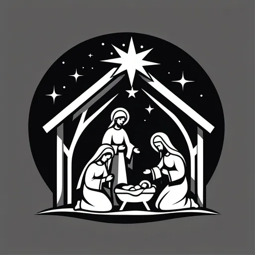 Prompt: nativity scene. Vector logo style, line art, flat design, simple, high contrast, black and white—no background texture gradient gray