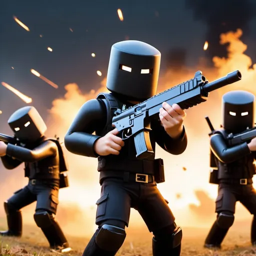 Prompt: make 5 photos and make them a battlefield and roblox people with guns