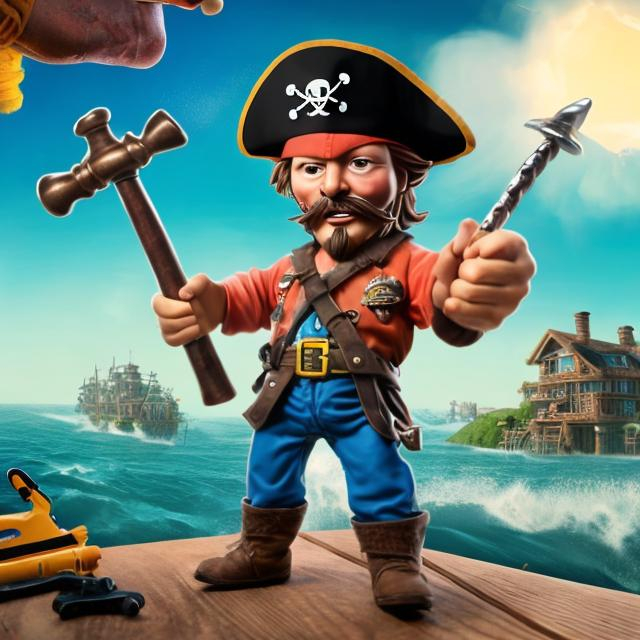 Prompt: realistic pirate depicting first mate jake as a rough handyman sailor holding a hammer on the crest of a modern house in the suburbswith so many tools all of the power tools ever invented ocean raging with vivid colors the view is from the sky in logo form that makes everyone want to call me to fix their house

