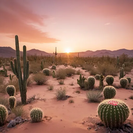 Prompt: Desert in a Sunset with many cactus