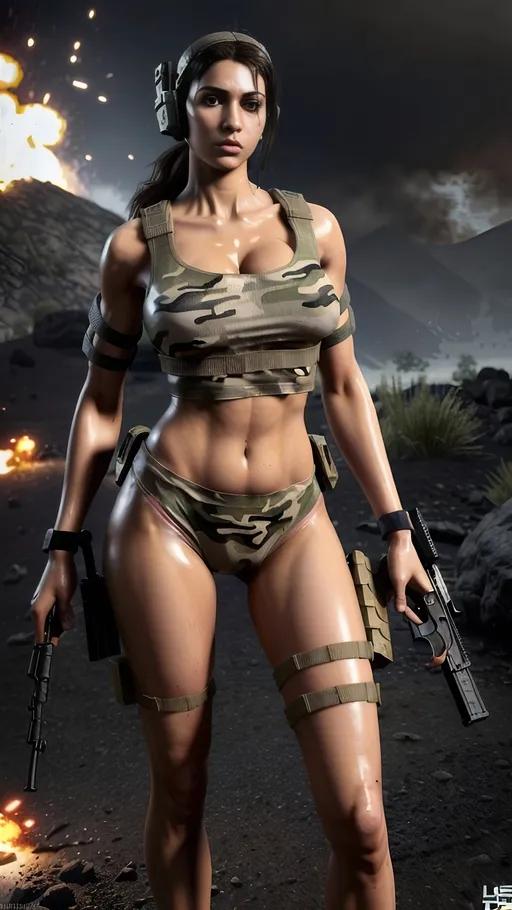 Prompt: Create a very realistic detailed 64k full body image of woman from the parameters below:

FURY from ghost recon breakpoint, beautiful, stunning, gorgeous, very curvy, athletic, tall, slim waist, perfect body ratio, big cleavage, long wavy brown hair, smooth tanned skin, light brown eyes, mixed race of indian, Iranian & Norwegian. Visible long legs and feet

Wearing camouflage latex, minimal clothing,  tight shorts, Short crop top with very visible cleavage. visible arms. Visible shoulders. Visible thighs. Bare minimum clothing, dressed as a ghost recon operator, wearing heels. Carrying gun, no pants, no jackets

Perfect lighting, explosion in background, walking showing her perfect body figure, people lying dead in background

