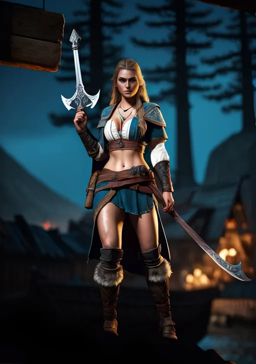 Prompt: Create a detailed 64k image from the parameters below:

EIVOR, female, Assassins creed valhalla, beautiful, gorgeous, stunning, athletic, curvy, slim waist, thick thighs, long open hair, wavy hair, full body image, minimal clothing, supermodel, wearing viking outfit with visible cleavage and thighs, carrying weapons