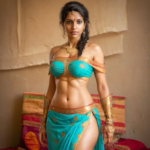 Prompt: Beautiful woman, barely dressed as a indian goddess in saree, full body, athletic body
