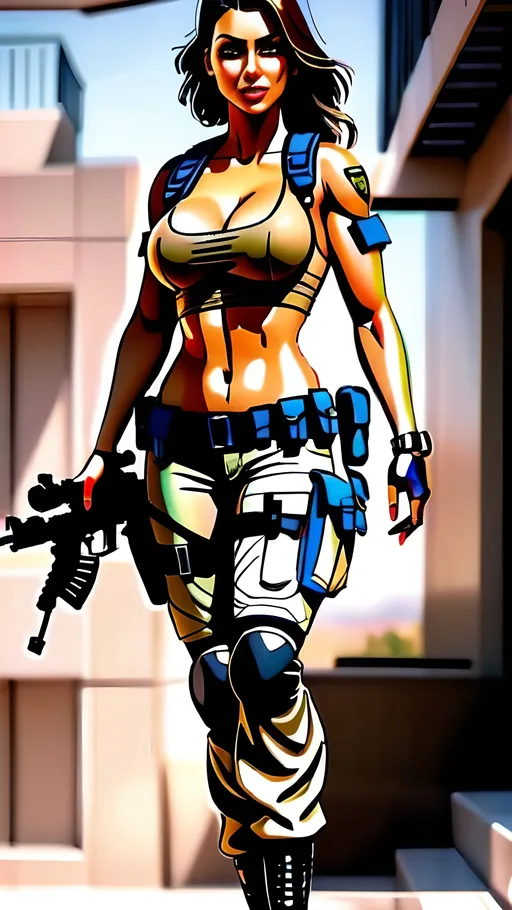 Prompt: Create a very realistic detailed 64k full body image of woman from the parameters below:

FURY from ghost recon breakpoint, beautiful, stunning, gorgeous, curvy, athletic, tall, slim waist, perfect body, big cleavage, long wavy brown hair, smooth tanned skin, light brown eyes, mixed race of indian, Iranian, Norwegian, Latino

Wearing camouflage latex, minimal clothing,  tight shorts, Short crop top with very visible cleavage, full visible legs, arms, shoulders, thighs. Minimal clothing, dressed as a soldier, heels. Carrying gun, no pants, no jackets

Perfect lighting, explosion in background, walking showing her perfect body figure, people lying dead in background

