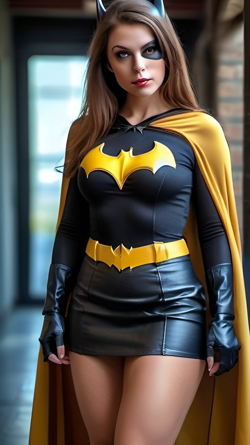 Prompt:  delicate and beautiful , demure woman, long brown hair , dressed as batgirl, wearing mini-skirt and small top, visible cleavage, slim and curvy,  RAW Photo , full colour , best quality , HDR , photographic , realism pushed to extreme , fine texture , ultrarealistic, film grain , full length , 8K , vogue,