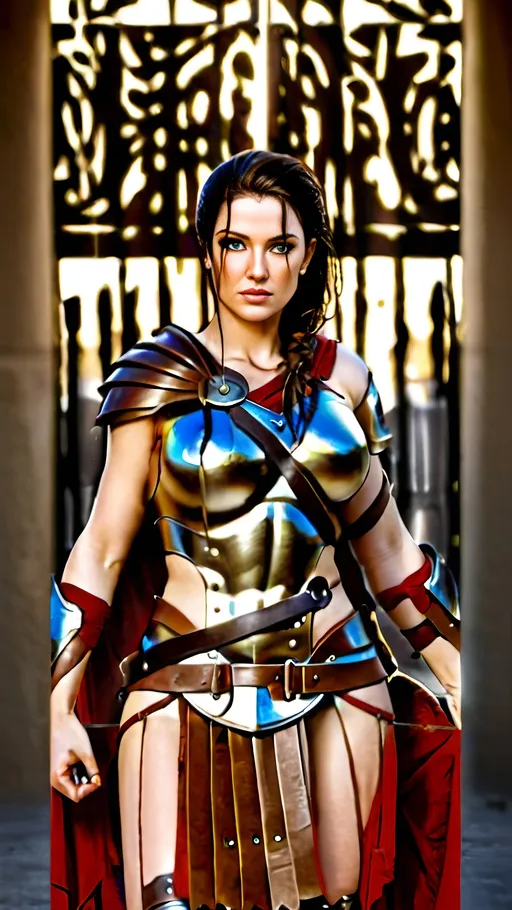 Prompt: Create a 64k picture of a highly detailed woman, stunning, very gorgeous, dressed in tight battle worn clothes,  slim waist, curvy, long open dark brown shining hair, full body image. She is holding a spear in right hand and a shield in left hand. Skin complexion is light brown. She has blue eyes. 
She is wearing a golden armor top and a tight leather mini-skirt. She is dressed like a spartan-greek soldier. Her clothes are revealing with ample cleavage visible. Her body is perfectly visible. She is tall with a small waist, perfect body figure and curvy. 

She has a two piece clothing with her waist visible. Her top clothing and armor is minimal. 
Her clothing is very revealing.