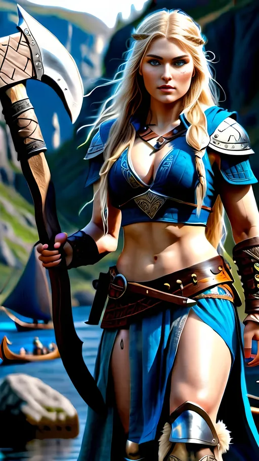 Prompt: Create a very detailed 64k image from the parameters below:

EIVOR, female, Assassins creed valhalla, beautiful, gorgeous, stunning, athletic, curvy, slim waist, thick thighs, long open hair, wavy hair, full body image, minimal clothing, supermodel, wearing viking armor with visible cleavage and thighs, carrying weapons, visible shoulders and cleavage, posing to show curvy figure, carrying axe in right hand, beautiful blue eyes, looks like a mix of European and Indian races. Barely dressed, blonde hair

Background with women warriors dressed in same clothes as eivor but all look different, beautiful and athletic.

Very realistic, perfect lighting, thunder in background. Viking longboat in background, walking pose