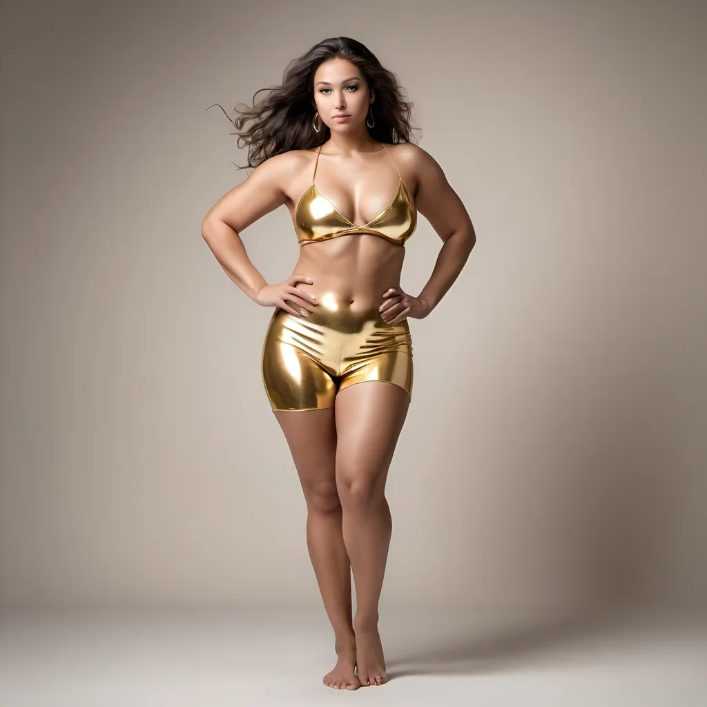 Prompt: Beautiful woman,  goddess, full body, athletic body, wearing only gold, barely dressed, full body image, curvy, slim
