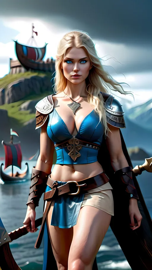 Prompt: Create a very detailed 64k image of woman from the parameters below:

EIVOR, female, Assassins creed valhalla, beautiful, gorgeous, stunning, athletic, curvy, slim waist, thick thighs, long open hair, wavy hair, full body image, see-through clothing, supermodel, wearing revealing latex with very visible  big cleavage, legs and thighs, carrying weapons, visible shoulders and cleavage, posing to show curvy figure, carrying axe in right hand, beautiful blue eyes, looks like a mix of European and Indian races. Barely dressed, blonde hair, wearing stylish heels, tight golden clothing with black art, smooth skin, slim body, viking

Background with women warriors dressed in same clothes as eivor but all look different, beautiful and athletic.

Very realistic, perfect lighting, thunder in background. Viking longboat in background, walking pose