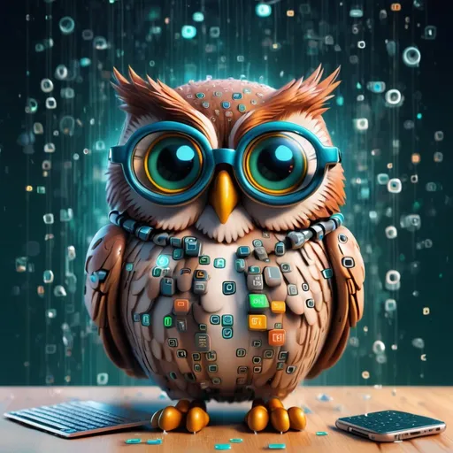 Prompt: An owl is wearing glasses. The owl is a robot with a cloud body. The owl is hooked to nodes and micro servers that stores raw data. The owl is thinking of sql queries. Matrix digital rain is falling.