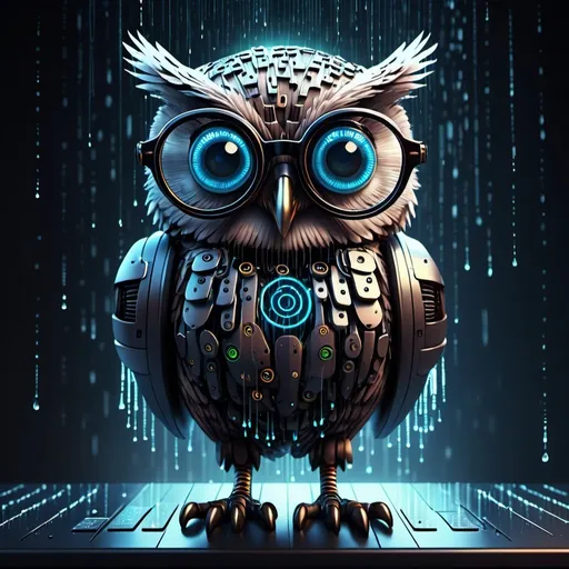 Prompt: Anime cyberpunk style, robot owl with glasses. Has a cloud for a brain. Connected to servers with data tables. Matrix digital rain falling. highly detailed, HD, dark background