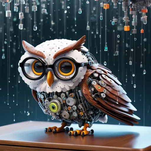 Prompt: A robot mechanical owl. A cloud brain.  Owl is wesring glasses. The owl is a robot. The owl is hooked to nodes and micro servers that stores raw data. The owl is thinking of sql queries. Matrix digital rain is falling.