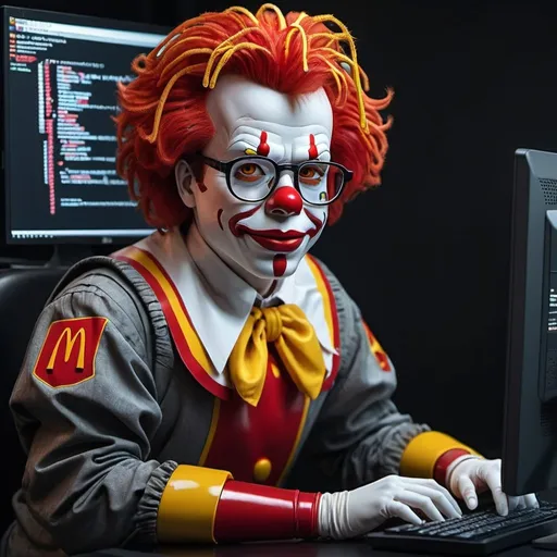 Prompt: Anime cyberpunk style, Ronald McDonald with glasses. Coding on a computer , highly detailed, HD, dark background