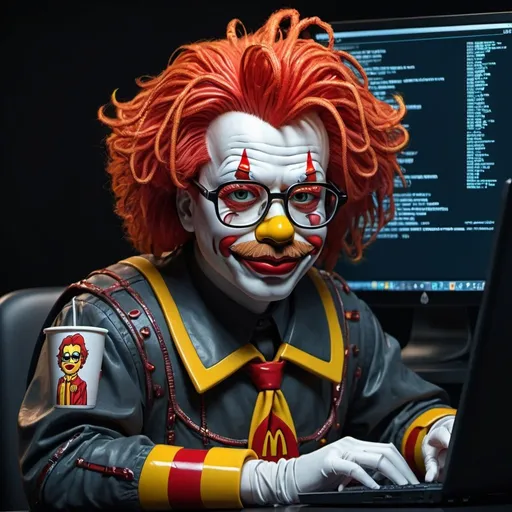 Prompt: Anime cyberpunk style, Ronald McDonald with glasses. Coding on a computer , highly detailed, HD, dark background