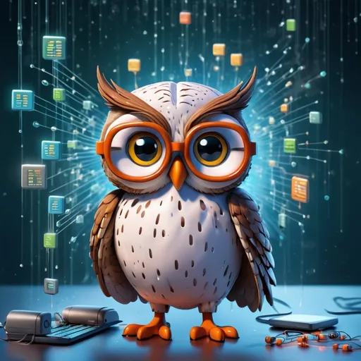 Prompt: An owl is wearing glasses. The owl is a robot. The brain of the owl is a cloud.  The owl is hooked to nodes and micro servers that stores raw data. The owl is thinking of sql queries. Matrix digital rain is falling.