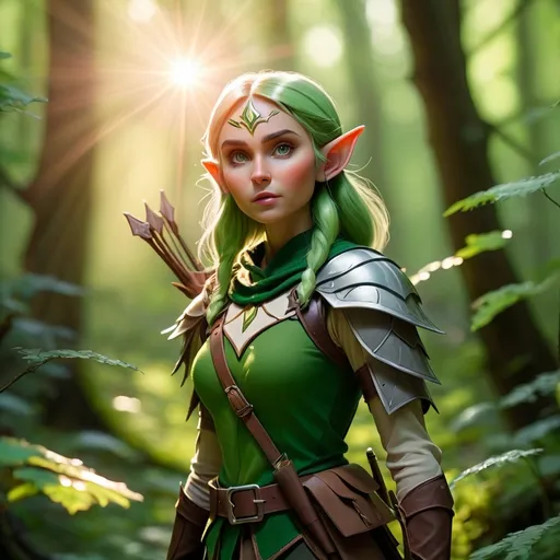 Prompt: Elf ranger in a mystical forest around sunlight