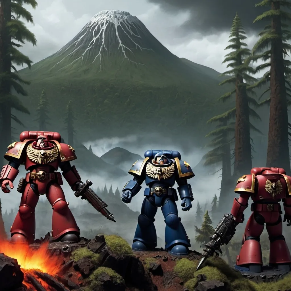 Prompt: Warhammer space marine, volcanos and forests in the backround, 