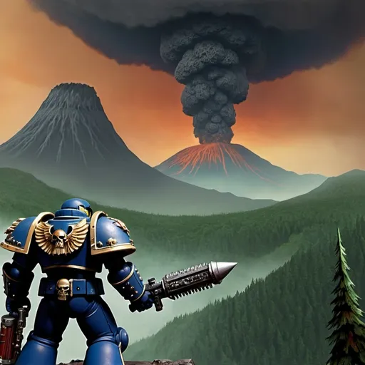 Prompt: Warhammer space marine, volcanos and forests in the backround, 