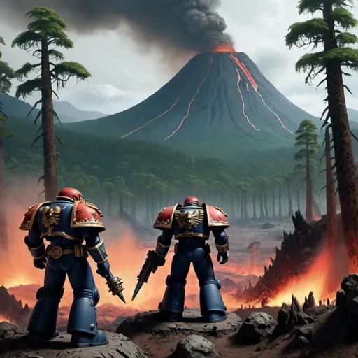 Prompt: Warhammer space marine, volcanos and forests in the backround, 