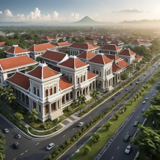 Prompt: Imagine a province in Central Java and Yogyakarta that has undergone a remarkable transformation through innovative urban planning. The cities in this province adopt colonial-era architecture for buildings and houses, creating an atmosphere that blends classical charm with modern technology to form a sustainable and advanced smart city.