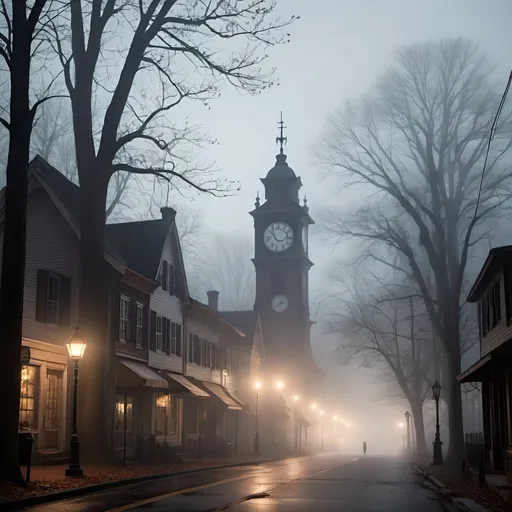 Prompt: A small, quaint town surrounded by dense woods. The streets are lined with old-fashioned lampposts casting a dim glow. Mist creeps through the trees, and the atmosphere is eerie and quiet. In the distance, you can see the silhouette of an old clock tower partially obscured by fog.