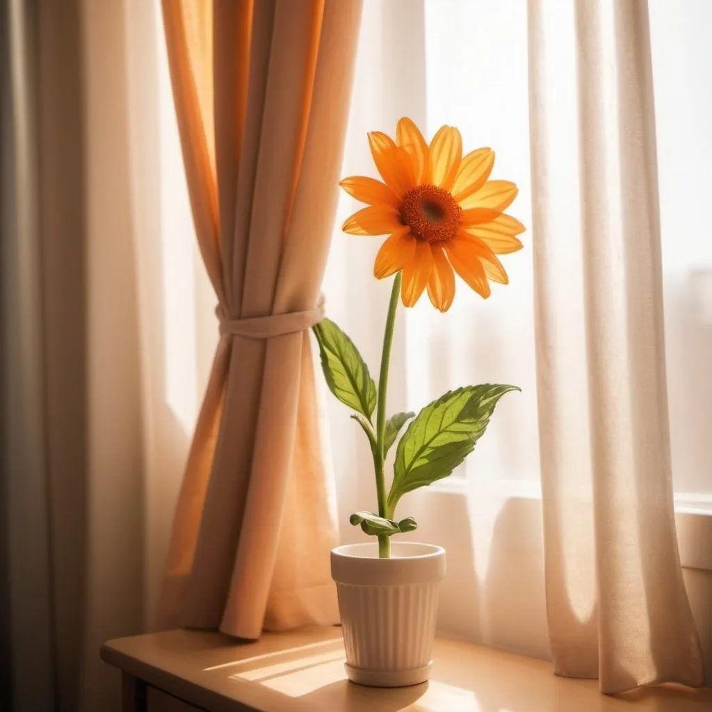 Prompt: A beautiful flower is hugging by warming sunlight. In bedroom. Curtain preventing strong light from outside. Romantic environment. The flower is smiling. The warm sunlight is hugging the smiling flower with strong and warm arms. 