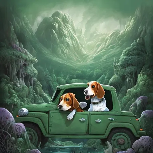 Prompt: Showing full car,Fantasy illustration of a beagle driving a dark green 4x4 car down a mountain, sticking head out the window, sticking out tongue, magical forest landscape, detailed fur with mystical glows, playful and adventurous expression, high-quality, fantasy, detailed fur, whimsical, magical forest, vibrant colors, dynamic lighting