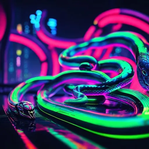 Prompt: Neon snake album cover, vibrant neon colors, glowing scales, sleek and shiny texture, futuristic cyberpunk style, bold and dynamic composition, high quality, digital art, dark background with neon lights, detailed serpent eyes, striking and bold typography, electronic music vibes, energetic and electrifying, album art, synthwave, cyberpunk, vibrant neon colors, detailed scales, sleek design, professional, atmospheric lighting
