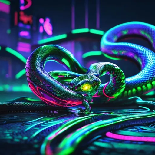 Prompt: Neon snake album cover, vibrant neon colors, glowing scales, sleek and shiny texture, futuristic cyberpunk style, bold and dynamic composition, high quality, digital art, dark background with neon lights, detailed serpent eyes, striking and bold typography, electronic music vibes, energetic and electrifying, album art, synthwave, cyberpunk, vibrant neon colors, detailed scales, sleek design, professional, atmospheric lighting