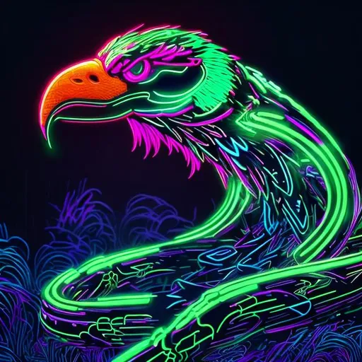 Prompt: Neon eagle and snake, vibrant neon colors, digital art, glowing outlines, high contrast, futuristic, intense gaze, electric blue, neon green, sleek design, striking composition, best quality, highres, ultra-detailed, digital art, futuristic, vibrant neon, intense gaze, high contrast, sleek design, professional, dynamic lighting