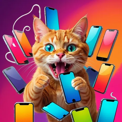 Prompt: Cat devouring iPhones, digital art, colorful background, high quality, cartoon, vibrant colors, playful atmosphere, cute and mischievous expression, glossy iPhones, whimsical, comical style, surreal lighting